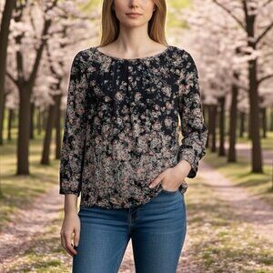 Camaieu Long Sleeve Lightweight Blue Floral Cottagecore Blouse Womens Medium